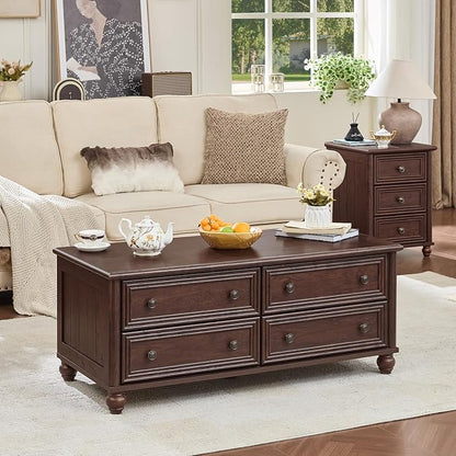 RWYHG 48" Farmhouse Coffee Table with Hidden Storage,Wooden Coffee Tables with 4 Drawers & Roman Column Handle,Rectangular Rustic Center Table with Solid Wood Curved Base for Living Room,Office,Walnut