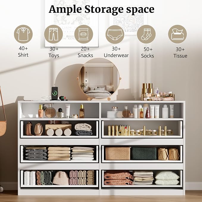 6 Drawer Dresser for Bedroom 47" Wooden White Dressers Chests of Drawers | Double Closet Storage Cabinet w/ Charging Station LED RGB Lights 2 Open Shelves Modern Dresser TV Stand for Living Room