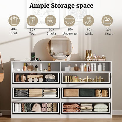 6 Drawer Dresser for Bedroom 47" Wooden White Dressers Chests of Drawers | Double Closet Storage Cabinet w/ Charging Station LED RGB Lights 2 Open Shelves Modern Dresser TV Stand for Living Room