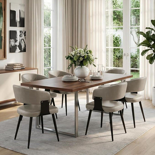 Dining Chairs Set of 6, Modern Upholstered Faux Leather Kitchen Chairs with Elegant Stitching, Easy to Assemble & Clean for Dining Room, Restaurant, Cafe, Matte Gray