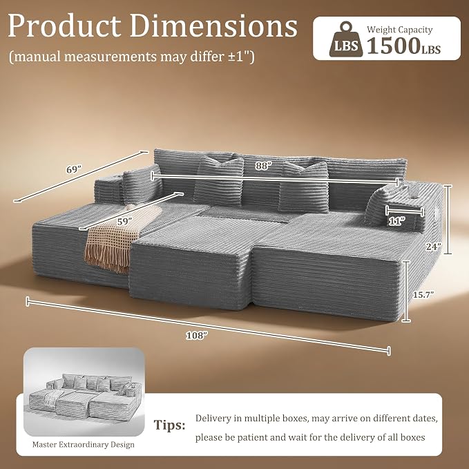 108" Cloud Sectional Couch, Comfort Sleep Sofa for Living Room, Extra Deep Seats No Assembly, Minimalist Modular Couch, Corduroy (Light Grey, Widen Loveseat Chaise)