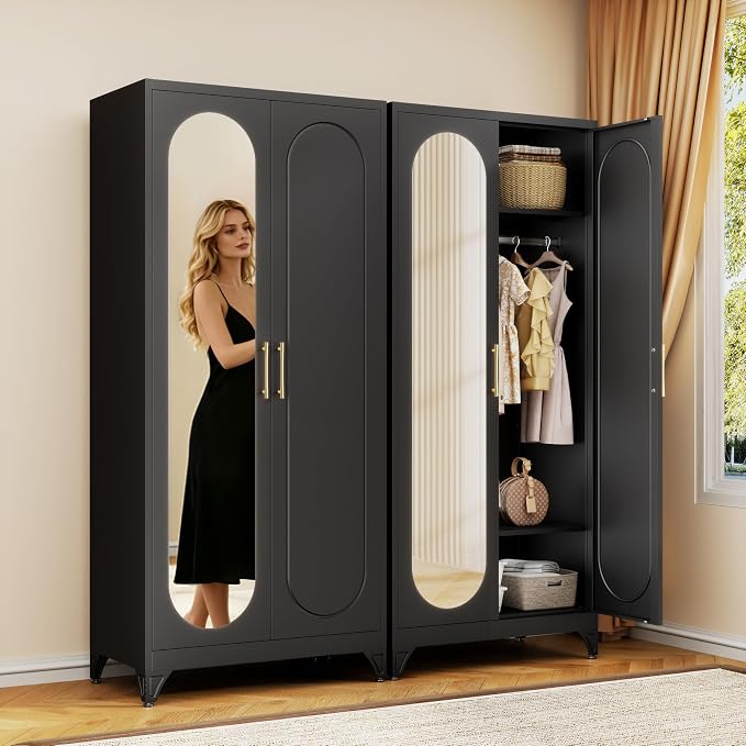71" Arched Black Metal Wardrobe Closet with Full-Length Mirror, French Elegance Steel Armoire Clothes Storage Cabinet with Hanging Rod & Adjustable Shelves for Bedroom Home Office, 18" Deep