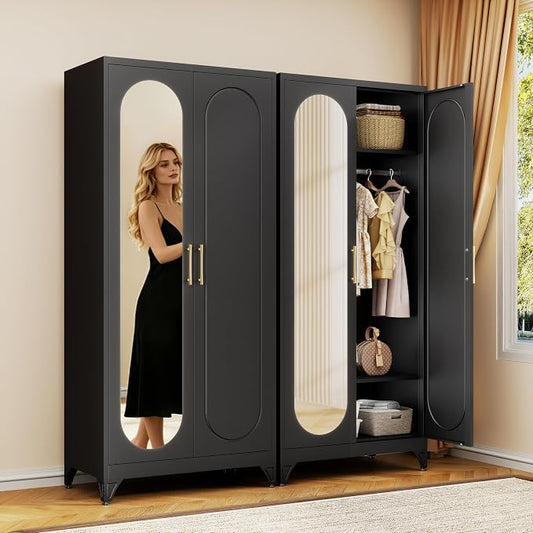 71" Arched Black Metal Wardrobe Closet with Full-Length Mirror, French Elegance Steel Armoire Clothes Storage Cabinet with Hanging Rod & Adjustable Shelves for Bedroom Home Office, 18" Deep