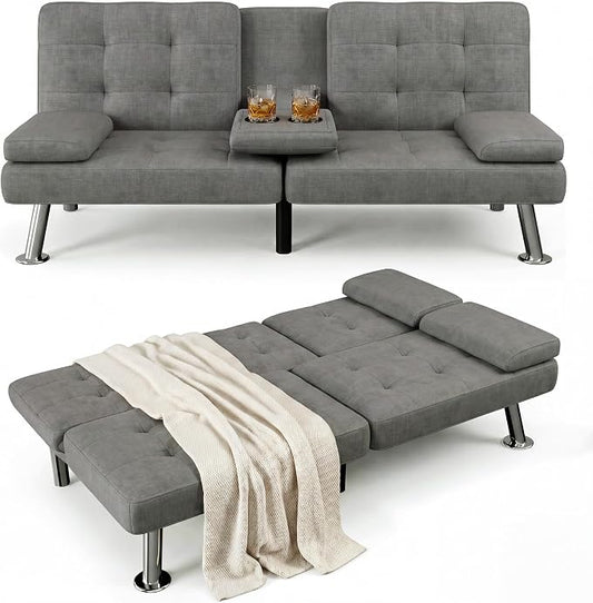 Flamaker Futon Sofa Bed Modern Folding Futon Set Linen Fabric Convertible Recliner Lounge for Living Room with 2 Cup Holders, Removable Armrests (Fabric, Grey)