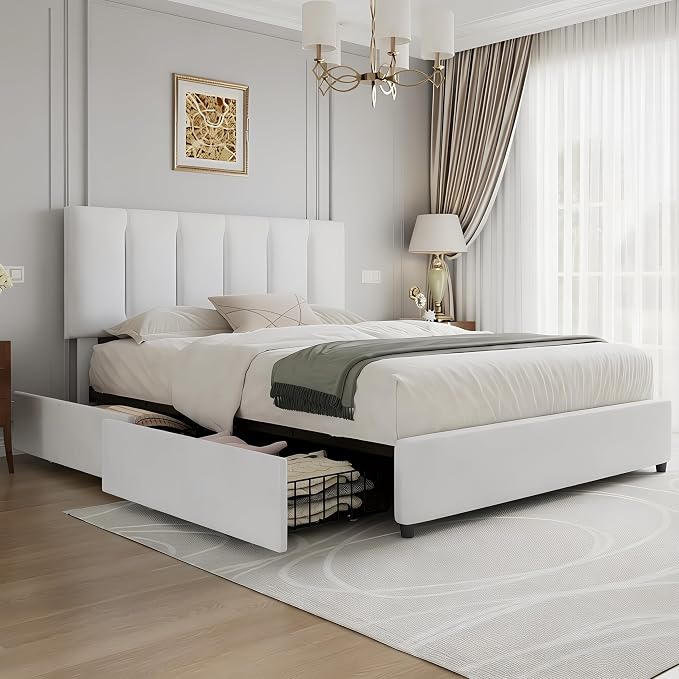 VECELO Queen Size Bed Frame with 4 Storage Drawers, Adjustable Height Headboard, Heavy-Duty Platform Bedframe with Strong Wooden Slats, No Box Spring Needed, Pure White