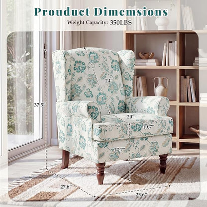 EROMMY Floral Accent Chair, Comfortable High Back Upholstered Armchair with Solid Wood Legs, Leisure Single Sofa Chair for Living Room, Home Office, Bedroom, Light Cyan Floral