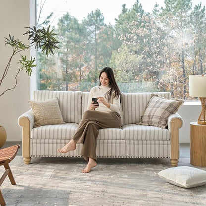 EcoHarbor Living 3-Seater Couch, Stripe 81" Mid-Century Modern Upholstered Sofa with Armrests, Stripe Couches for Living Room, Bedroom, Office, Apartment