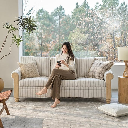 EcoHarbor Living 3-Seater Couch, Stripe 81" Mid-Century Modern Upholstered Sofa with Armrests, Stripe Couches for Living Room, Bedroom, Office, Apartment