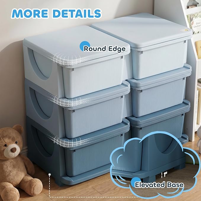 Qaba 6 Drawers Kids Storage Unit, 3 Tier Stackable Toy Organizers and Storage Chest for Bedroom, Nursery, Playroom, Living Room, Boys, Girls, Toddlers, Blue