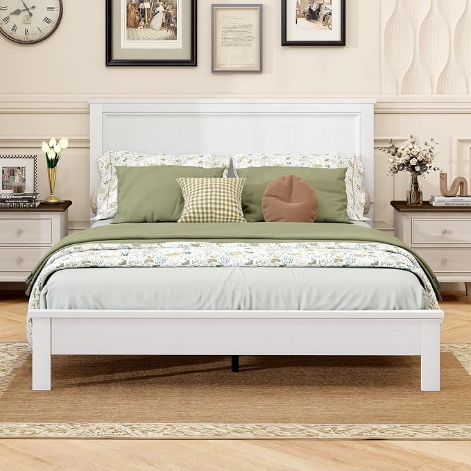 GOFLAME Queen Size Wood Bed Frame, Mid-Century Modern Platform Bed with Headboard, Solid Wood Legs, Mattress Foundation with 12 Wooden Slats, No Box Spring Needed, White