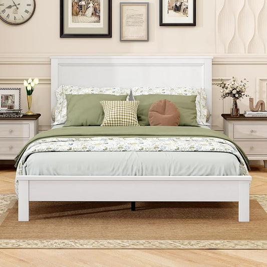 GOFLAME Queen Size Wood Bed Frame, Mid-Century Modern Platform Bed with Headboard, Solid Wood Legs, Mattress Foundation with 12 Wooden Slats, No Box Spring Needed, White