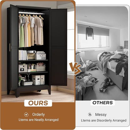 71 "H Wardrobe Closet with Doors, Metal Wardrobe Cabinet with 2 Doors and 2 Adjustable Shelves, Armoire Wardrobes Closet with Hanging Rod, Closets for Bedroom, Laundry Room, Black