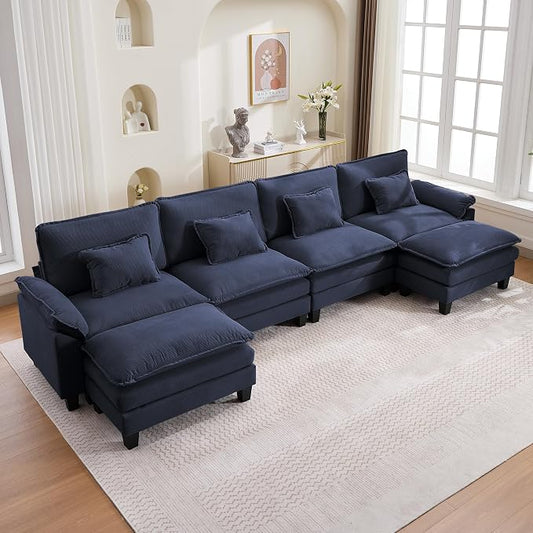 157" Corduroy Modular Sectional Sofa, Convertible U Shaped Modular Sofa Comfy Cloud Couch with Ottoman, Side Pockets and 4 Throw Pillows for Living Room, Blue, 6 Seats