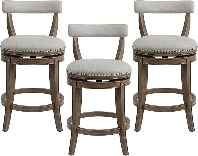 ROME + OAK Ruxban 26" Counter Stool, Set of 3 Low Back Swivel Barstools in Weathered Oak Finish with Sand Fabric Upholstery Seat - Indoor Home Furniture