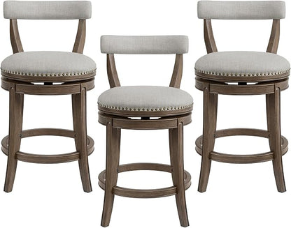 ROME + OAK Ruxban 26" Counter Stool, Set of 3 Low Back Swivel Barstools in Weathered Oak Finish with Sand Fabric Upholstery Seat - Indoor Home Furniture