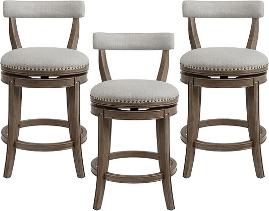 ROME + OAK Ruxban 26" Counter Stool, Set of 3 Low Back Swivel Barstools in Weathered Oak Finish with Sand Fabric Upholstery Seat - Indoor Home Furniture