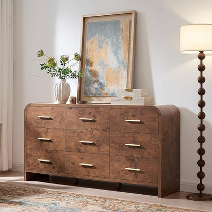 Curved 9 Drawer Dresser for Bedroom, 63'' Wide Chest of Drawers, Farmhouse Storage Cabinet for Hallway & Living Room TV Stand, FSC Certified 1.18" Thick Board, 100 lbs Top Weight, Dark Burl