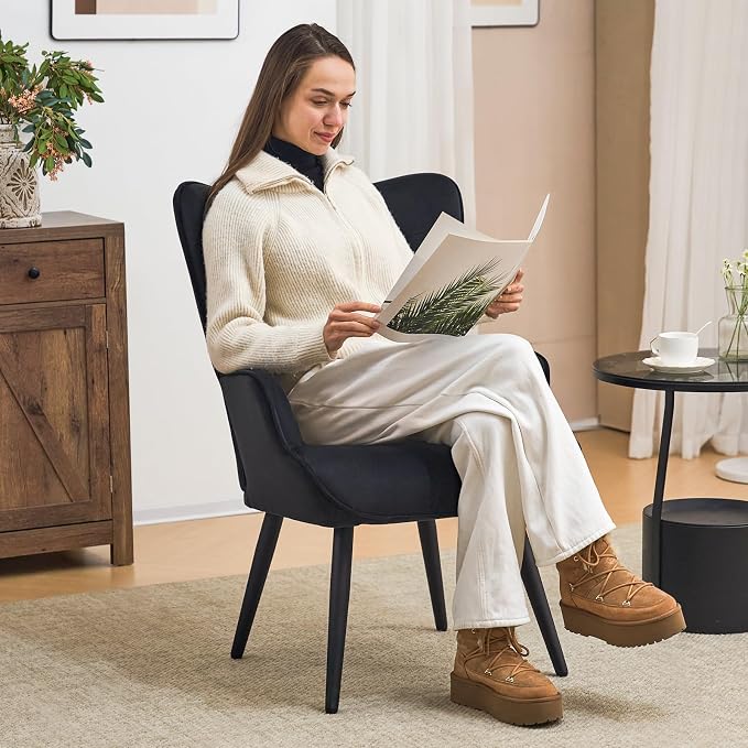Furniliving Velvet Accent Chair for Living Room, Upholstered Reading Chair with High Backrest, Tufted-Button Wingback Armchair for Bedroom, Dressing Room, Home Office, Black, Set of 2