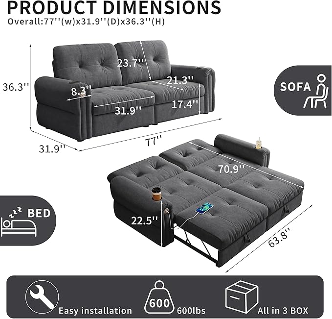 Convertible Couches, Queen Size Pull Out Sofa Bed with USB Charging Port and Cup Holders, Chenille Fabric Convertible Sofa Bed for Small Space, Living Room, Apartment, Guest Room, Dark Grey