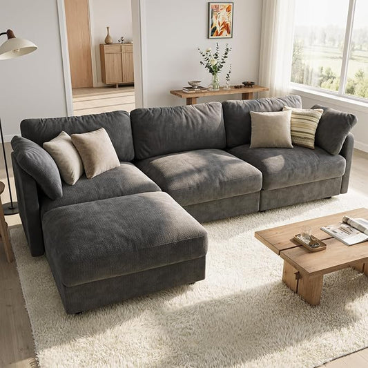 114" Cloud Couch Sectional Couches for Living Room Dark Grey | 10" High-Resilience Cloud Cushion, 36" Movable Ottoman, Plus-Size Friendly Couch, 28" Extra Deep Seat Sofa