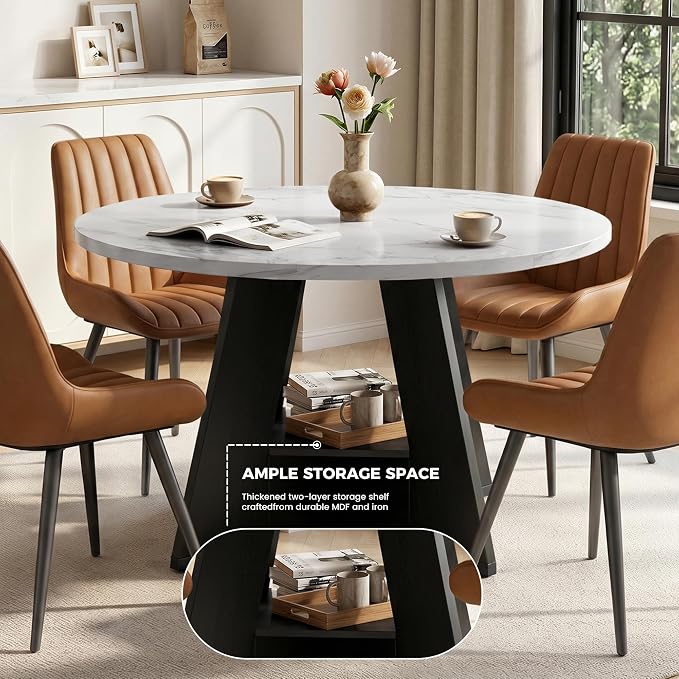 47.3 Inch Round Dining Table Set for 4, Round Kitchen Table with Chairs, Space Saving Dining Room Table set with Storage Shelf for Apartment Kitchen Dining Room, Faux Marble Table+4 Brown Chairs