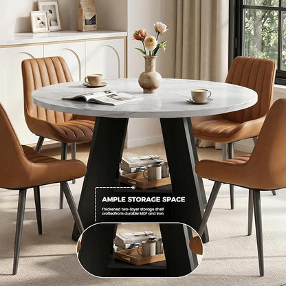 47.3 Inch Round Dining Table Set for 4, Round Kitchen Table with Chairs, Space Saving Dining Room Table set with Storage Shelf for Apartment Kitchen Dining Room, Faux Marble Table+4 Brown Chairs