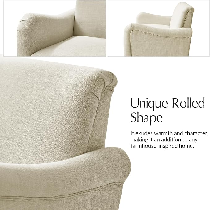 HULALA HOME Farmhouse Curved Couch with Solid Wood Spindle Legs, 3 Seater Sofa with Rolled Wide Armrests, Comfy Upholstered Sofa for Living Room Bedroom, Linen