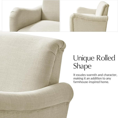 HULALA HOME Farmhouse Curved Couch with Solid Wood Spindle Legs, 3 Seater Sofa with Rolled Wide Armrests, Comfy Upholstered Sofa for Living Room Bedroom, Linen
