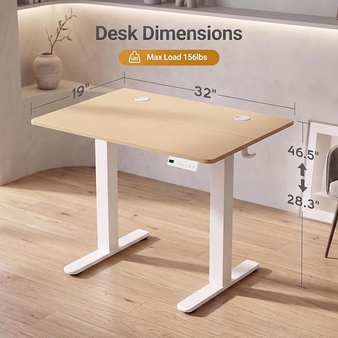 Claiks Electric Standing Desk, 32 x 19 Inch Small Height Adjustable Sit Stand Desk for Home Office, Computer Desk with Memory Presets, Cable Management & Headphone Hooks, 156 lbs Capacity, Nature