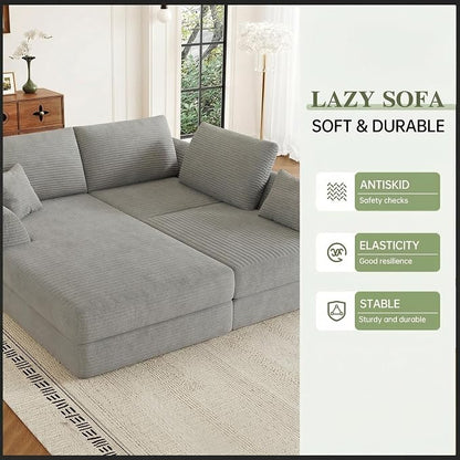 106" Modular Sectional Sofa with Deep Seat, L-Shaped Corduroy Couch with Reversible Chaise, 3-Piece Set for Living Room Bedroom Apartment, No Assembly Required | Modular Design