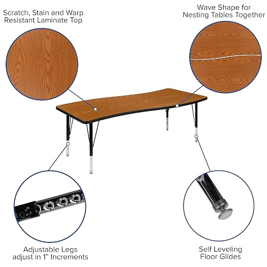 EMMA + OLIVER 26" W x 60" L Rectangular Wave Flexible Collaborative Oak Kids Adjustable Activity Table