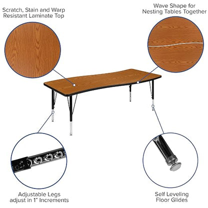 EMMA + OLIVER 26" W x 60" L Rectangular Wave Flexible Collaborative Oak Kids Adjustable Activity Table