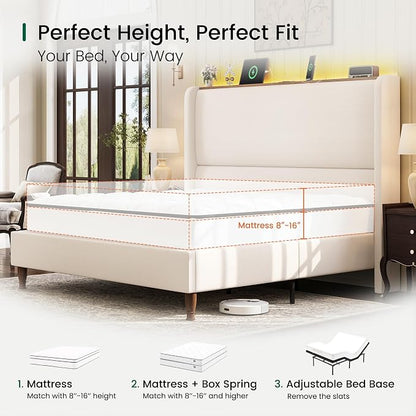 LARMACE Queen Size Bed Frame with LED Lights and Charging Station Linen Upholstered Platform Bed Frame with 51.2" Tall Headboard Wingback and Storage Shelf, No Box Spring Needed, Noise Free, Beige