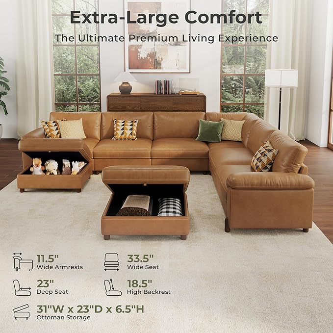 SITJOY Large Cloud Couch, 138" Wide 6 Seater V Shape, Faux Leather in Brown | Pet-Friendly Scratch-Resistant Leather Sectional Sofas for Living Room, Deep Seat Wide Couch with Chaise, Storage Ottoman