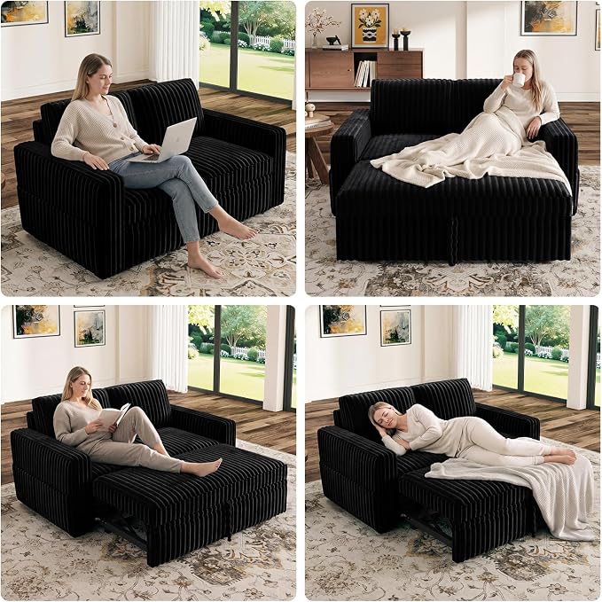 HONBAY Modular Pull Out Sofa Bed,Corduroy Loveseat, Couches for Living Room,Black