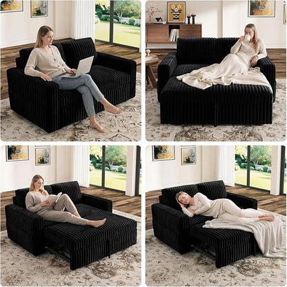 HONBAY Modular Pull Out Sofa Bed,Corduroy Loveseat, Couches for Living Room,Black