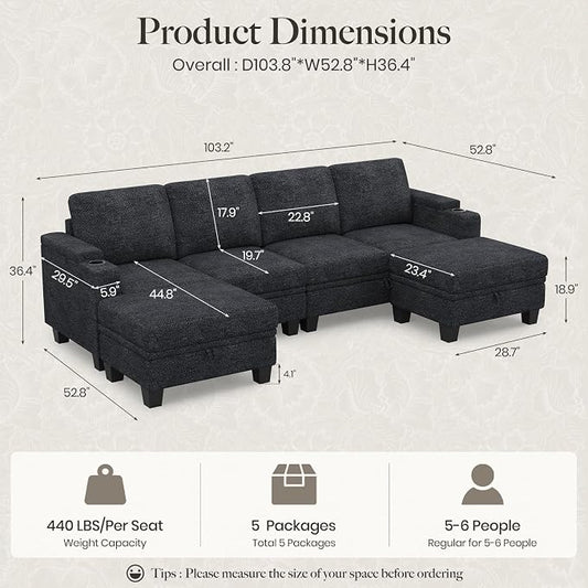 Belffin Modular Sectional Sofa Convertible U Shaped Couch with Storage Sectional Couches with Chaise for Living Room Dark Grey