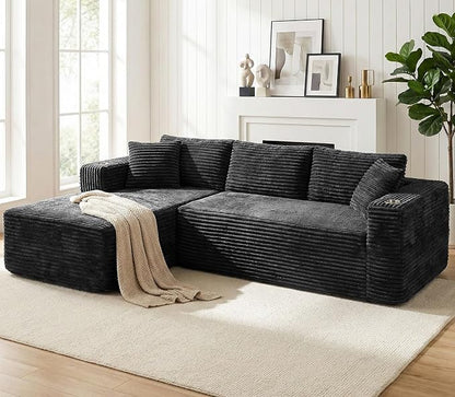 Vongrasig 103" Boneless Sectional Couches for Living Room, L-Shaped Chaise Modular Cloud Couch with Cup Holders on Armrests, Plush Corduroy Comfy Sofa with Memory Foam, No Assembly Required (Black)