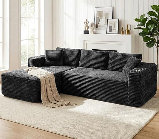 Vongrasig 103" Boneless Sectional Couches for Living Room, L-Shaped Chaise Modular Cloud Couch with Cup Holders on Armrests, Plush Corduroy Comfy Sofa with Memory Foam, No Assembly Required (Black)