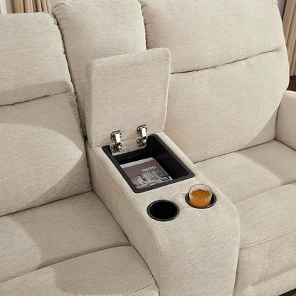 MCombo 78.3" Wall Hugger Power Loveseat Recliner Sofa with Console, Reclining Loveseat with USB Ports, Cup Holders, for Small Spaces Living Room RV, Fabric PR635M2 (Beige)