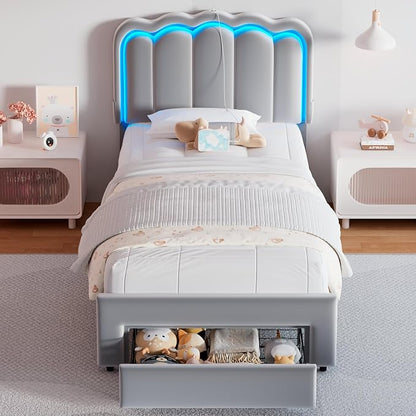 Jocoevol Twin Upholstered LED Bed Frame with Storage Drawer and Adjustable Chic Double Wavy Headboard, Velvet Princess Platform Bed for Girls/Kids, Solid Wood Slats Support, No Box Spring Needed, Grey