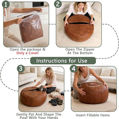 Thgonwid Unstuffed Moroccan Storage Pouf Foot Stool Ottoman Seat Handmade Faux Leather Bean Bag Floor Chair Foot Rest for Living Room, Bedroom or Balcony (Light Brown)