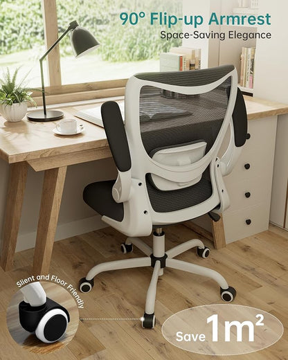 MUXX.STIL Office Chair, Ergonomic Desk Chair with Adjustable Lumbar Support and Flip up Armrest, Breathable Mesh Computer Chair for Home Office, White