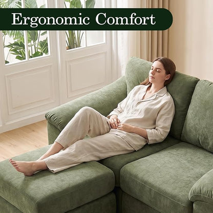 L Shaped Boneless Couch, Modern Loveseat Sofa with Ottoman, Floor Cloud Couch Sets with Extra Comfy Soft Deep Seats for Living Room, Apartment, No Assemby, Green