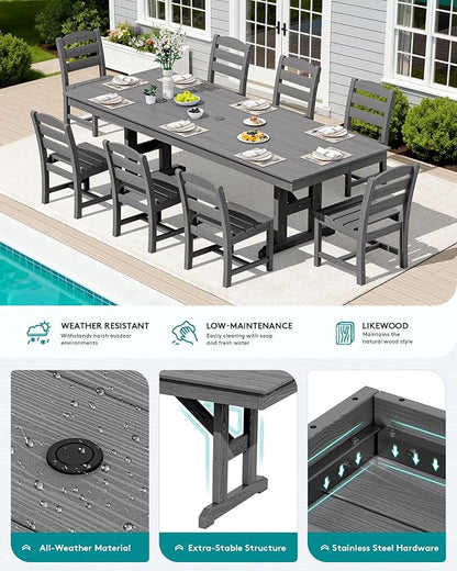 SERWALL 9 Piece 84" HDPE Outdoor Dining Set for 8 with Armless Chairs and Umbrelle Hole, Gray