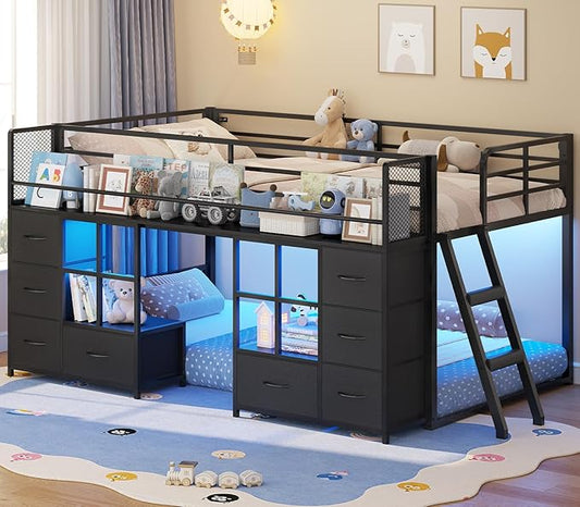 BTHFST Low Bunk Bed Twin Over Twin with 8 Fabric Drawers & Bookshelf, Twin Bunk Beds with RGB LED Lights, Windows, Metal Bunk Beds for Kids with Slanted Ladder & Safety Guardrails, Space Saving, Black