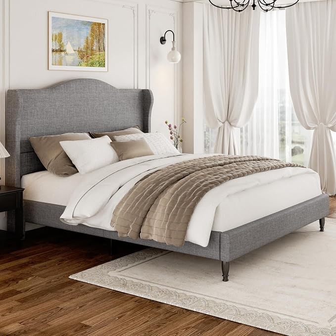 Queen Size Upholstered Platform Bed Frame, Light Grey | 50.4" Tall Wingback Headboard, Arched Tufted Design, No Box Spring Needed, 1000lbs Heavy Duty Support, Easy Assembly