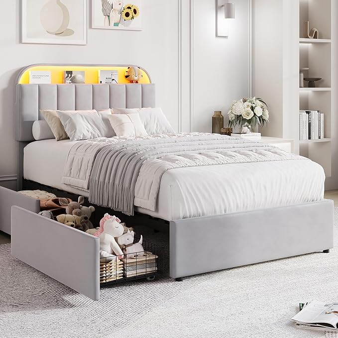 GarveeHome Twin Bed Frame with Storage Headboard, Kids Bed Frame with 2 Drawers, Velvet Upholstered Platform Bed Frame with Lights, No Box Spring Needed, Easy Assembly, Velvet Grey