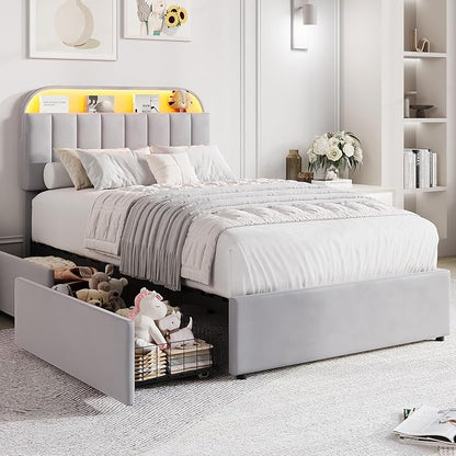 GarveeHome Twin Bed Frame with Storage Headboard, Kids Bed Frame with 2 Drawers, Velvet Upholstered Platform Bed Frame with Lights, No Box Spring Needed, Easy Assembly, Velvet Grey