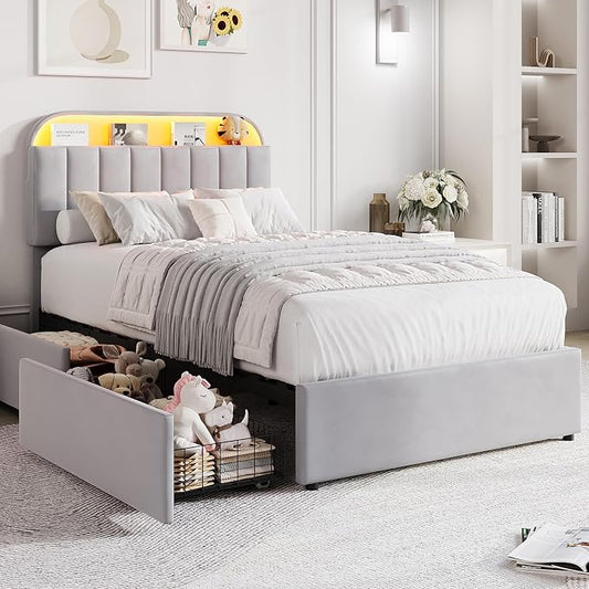 GarveeHome Twin XL Bed Frame with Storage Headboard, Kids Bed Frame with 2 Drawers, Velvet Upholstered Platform Bed Frame with Lights, No Box Spring Needed, Easy Assembly, Velvet Grey